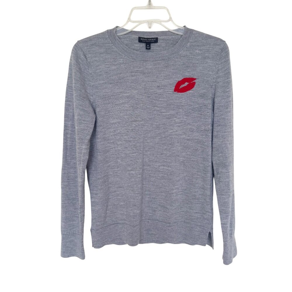 Banana Republic Gray Merino Wool Crewneck Sweater Red Lip Graphic Womens M